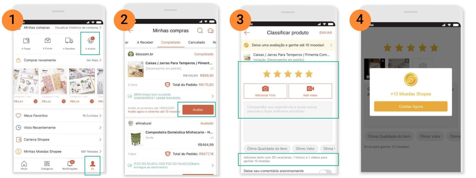 Passo a passo de como avaliar uma compra no app da Shopee Brasil.