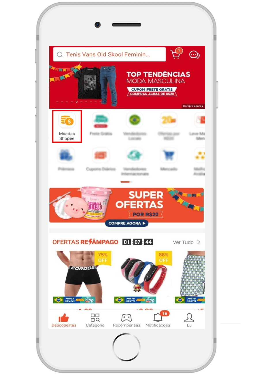 Tela do app da Shopee Brasil com acesso a Central de Moedas Shopee.