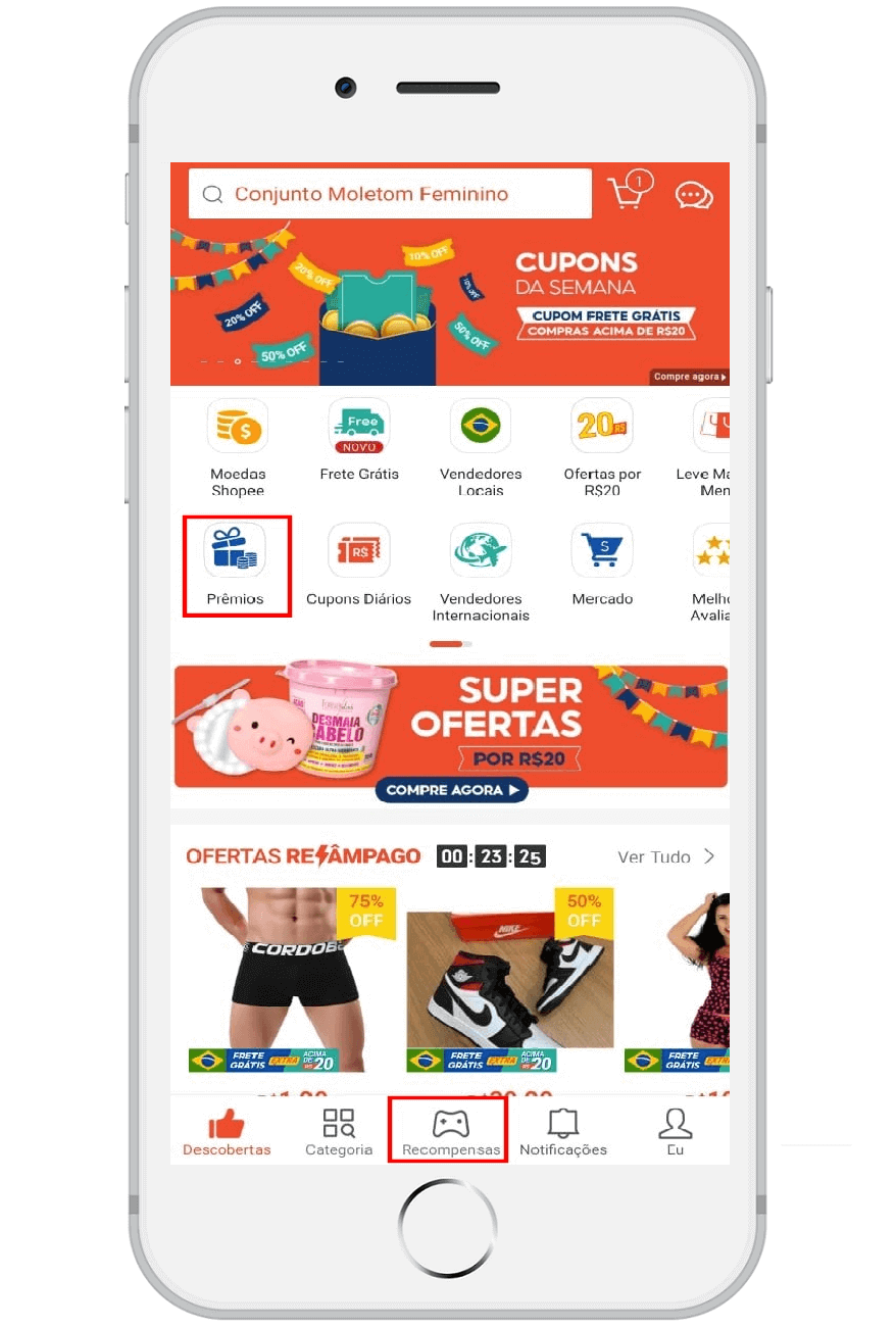 Tela do app da Shopee Brasil onde mostra as páginas de prêmios e recompensas.