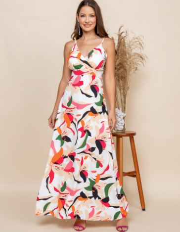 vestido longo de alcinha estampa de flores com cinto com bojo forrado