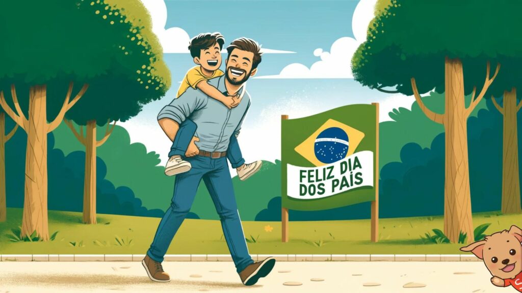 Imagem ilustrativa sobre o Dia dos Pais, com um pai e um filho sorrindo e brincando.