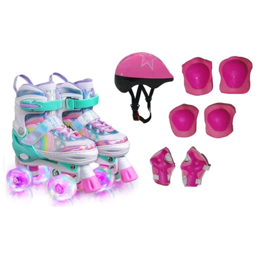 Patins Infantil Arco Iris Quad Com Ajuste De Tamanho Rodas Com Led Mais Kit Protecao Seguranca