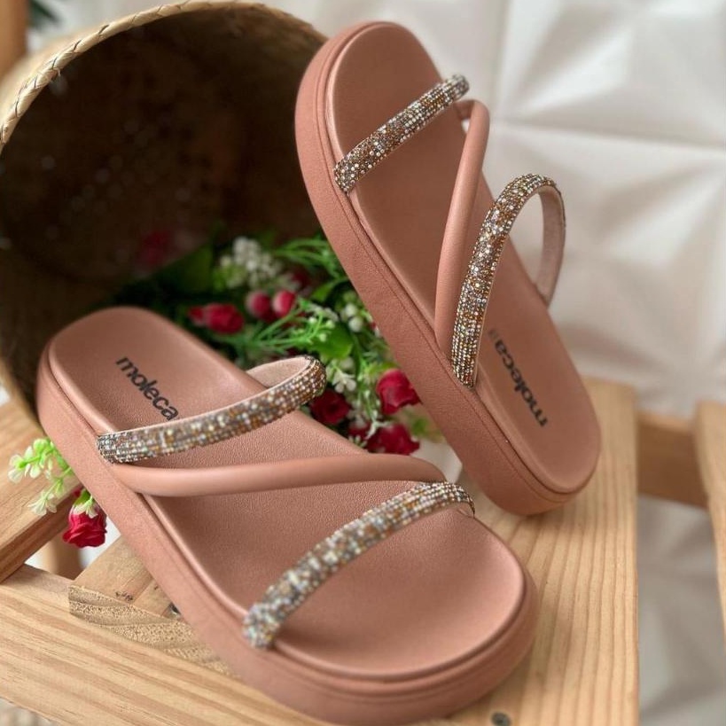 Sandalia Feminina Papete Strass Pedrinha Moleca Original
