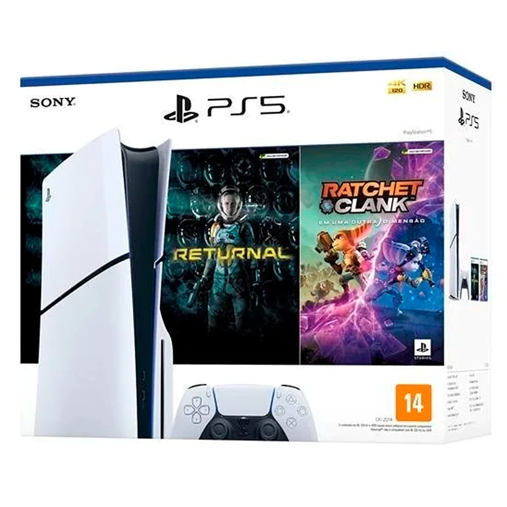 favoritos do lusca - Console PlayStation 5 Slim Edition Branco + Returnal e Ratchet e Clank + Controle Sem Fio Dualsense Branco